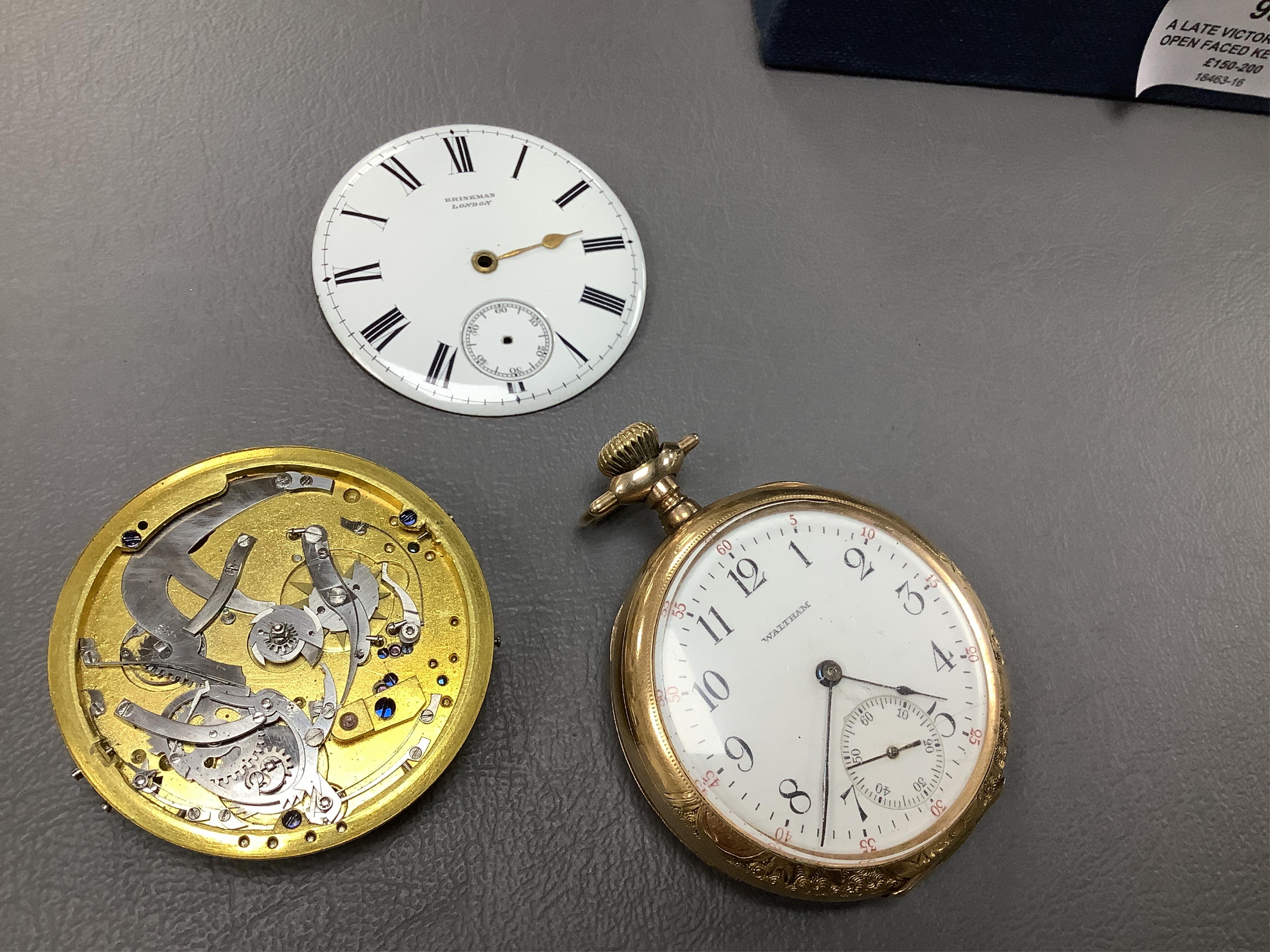 A late Victorian silver open faced keywind pocket watch, together with a Waltham gold plated pocket watch and six other items.